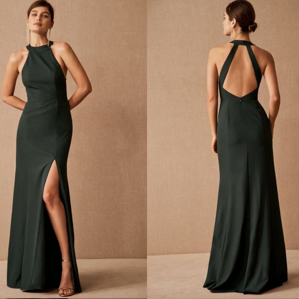 Anthropologie BHLDN High Neck Crepe Maxi Dress Dark Green Size 10